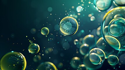 Conceptual tech design with frosted glass spheres in green and yellow, floating on a dark blue background.