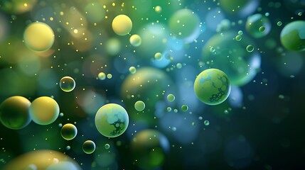 Conceptual tech design with frosted glass spheres in green and yellow, floating on a dark blue background.