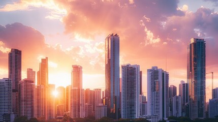 Fototapeta premium A city skyline at sunset, with the last rays of sunlight painting the skyscrapers in warm shades of pink and gold.