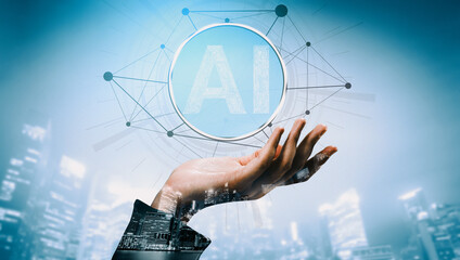 AI Learning and Artificial Intelligence Concept - Icon Graphic Interface showing computer, machine...