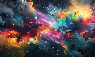 Obraz premium Cosmic Nebula with Explosive Colors and Starbursts, Galactic Abstract Wallpaper