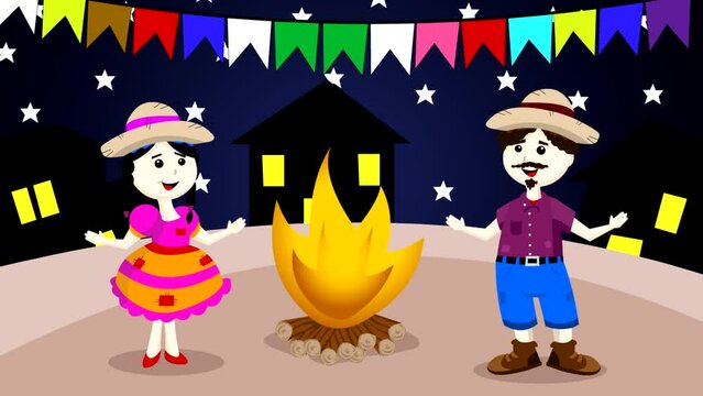 2d animation of a Brazilian Festa Junina with a man and a woman dancing near the bonfire, farm, celebration.