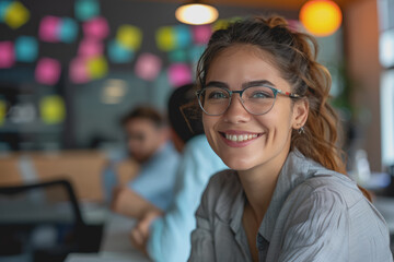 Fototapeta premium Happy Latin project manager woman holding brainstorming with colleagues in the office boardroom.