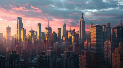 Fototapeta premium A city skyline at sunset, with the last rays of sunlight painting the skyscrapers in warm shades of pink and gold.
