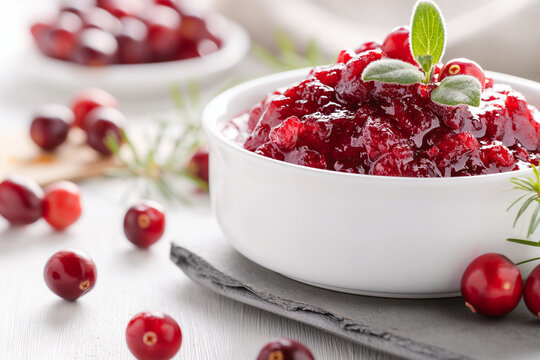 A bowl of cranberry sauce with a sprig of rosemary on top