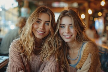 Two young women with similar features smile warmly at the camera while sitting together in a cozy cafe, surrounded by a comforting and casual indoor ambiance.