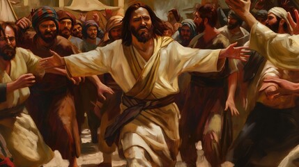 Obraz premium Painting of a Jesus with open arms surrounded by a crowd of people. Historical study, religious education, art appreciation, cultural heritage, storytelling.