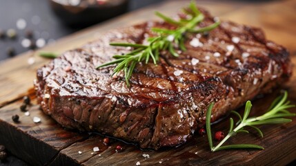 Close up view of fresh rib eye steak on wooden board displaying meat s juicy texture