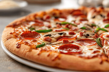 A pepperoni pizza with mushrooms and green peppers on top