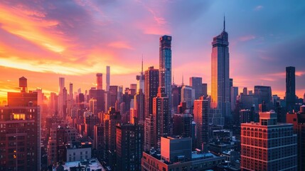 Obraz premium A city skyline at sunset, with the sky ablaze in shades of orange and pink behind towering city buildings.