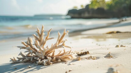 Coral remains on sandy shore symbolizing coral bleaching
