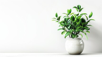 Green plant in vase on white background with text space Image has noise and grain