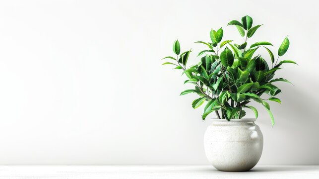 Green plant in vase on white background with text space Image has noise and grain