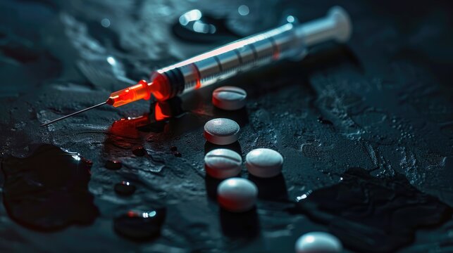 Drug Addiction Narcotic and Syringe on Dark Background