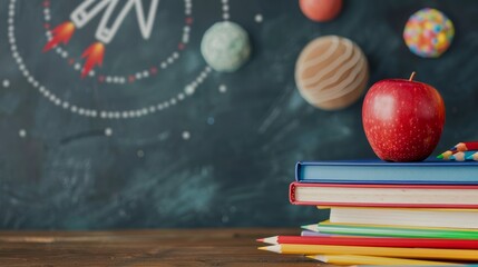Stack of school books with colorful pencils, a red apple in front of a chalkboard, featuring a hand-drawn rocket and planets, symbolizing creative education