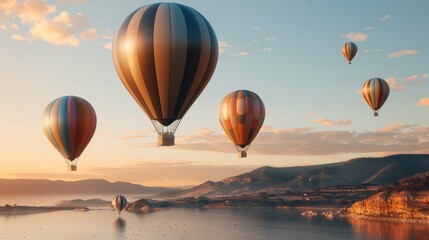 Obraz premium Steampunk expedition by the shoreline, hot air balloons floating over tranquil waters, soft golden light reflecting off metallic structures