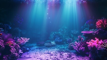 Fototapeta premium Coral neon light product background stage on coral reef floor with underwater glow spotlight, in aquatic style