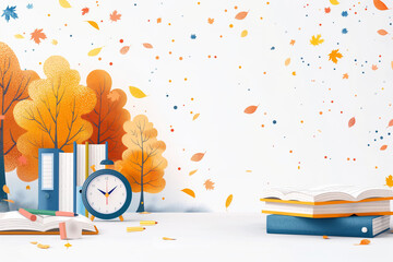 A white background with a clock and a stack of books