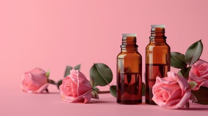 Rose essential oil bottles on bright background with room for text