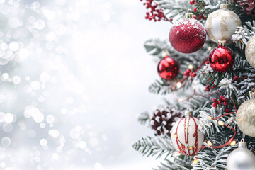 Fototapeta premium A beautifully decorated Christmas tree with red and gold ornaments and snowy branches, creating a festive and joyful atmosphere