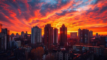 Obraz premium A city skyline at sunset, with the sky ablaze in shades of orange and red behind tall city buildings.