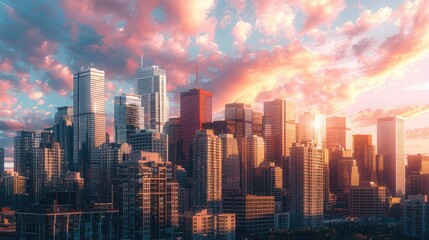 Obraz premium A city skyline at sunset, with the last rays of sunlight painting the skyscrapers in warm shades of pink and gold.