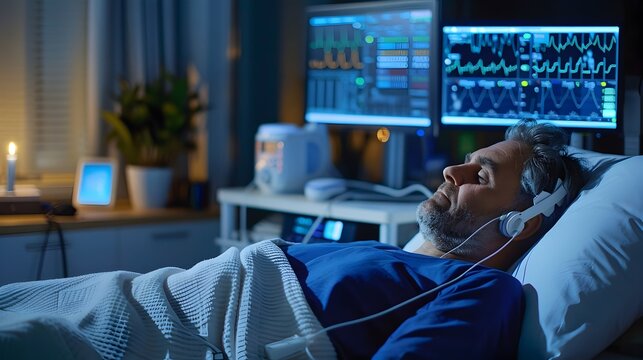 Person Connected to Sleep Monitoring Equipment for REM Sleep Study and Analysis