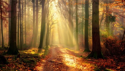 Fototapeta premium Sunbeams in the Autumn Forest