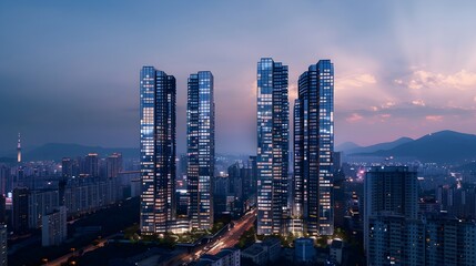 Obraz premium Dazzling Metropolis Skyline at Twilight Glowing with Towering Skyscrapers and Bustling Cityscape