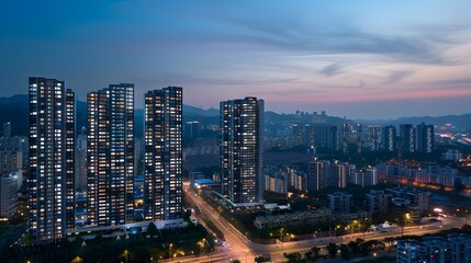 Fototapeta premium Mesmerizing Cityscape at Twilight with Glowing Skyscrapers and Illuminated Infrastructure