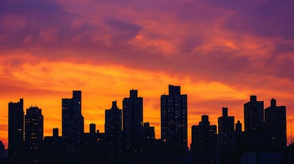 A city skyline at sunset, with the sky filled with hues of orange and purple behind the silhouettes of tall buildings.