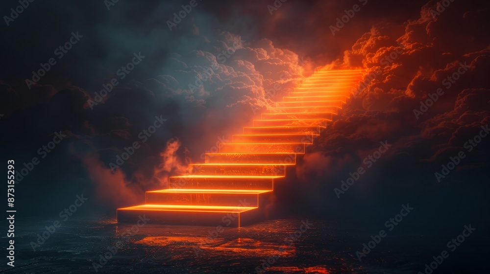 Wall mural a minimalist rendering of a staircase into the dark sky, a orange light line moving through, metaverse 