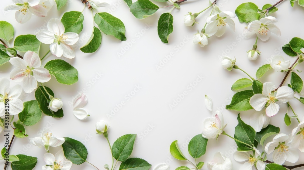 Poster apple tree flowers arranged on white background in a square frame flat lay with copy space