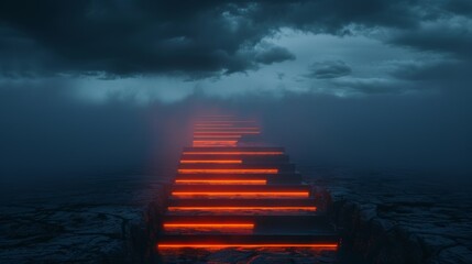 a minimalist rendering of a staircase into the dark sky, a orange light line moving through, metaverse 