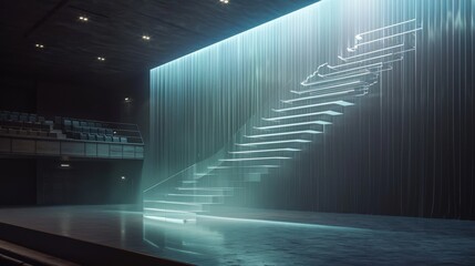 Fototapeta premium a side view to a transparent magical glowing staircase in the air above an empty theater stage, soft dim lighting 