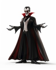 A vampire in a black suit and red cape poses dramatically