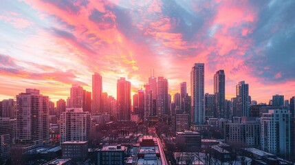 Fototapeta premium A city skyline at sunset, with the sky ablaze in shades of pink and orange behind tall city buildings.