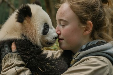 An adorable young panda being held gently by a person dressed in outdoor gear, showcasing the bond between humans and animals and the protective nature of the scene.