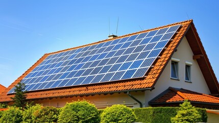 House with solar panel under clear sunny sky
