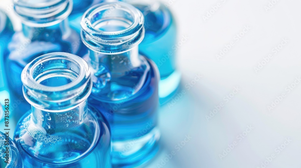 Poster macro image of laboratory bottles with blue liquid on white background plenty of space for text