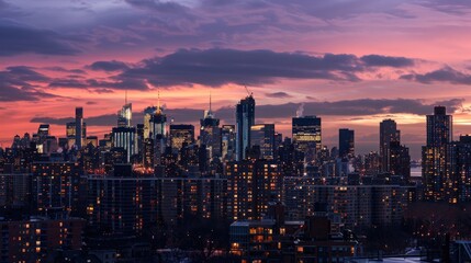 Obraz premium A city skyline at twilight, with the lights of buildings starting to glow against the darkening sky.
