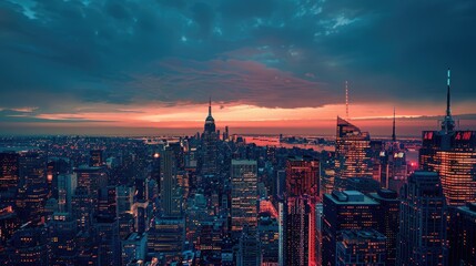Fototapeta premium A city skyline at twilight, with the lights of buildings starting to glow against the darkening sky.