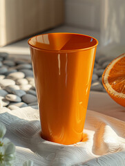 An orange plastic cup beside an orange slice in bright morning light.