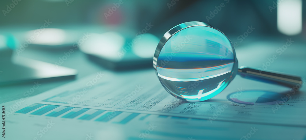Wall mural magnifying glass placed on financial documents with charts and graphs, highlighting data analysis