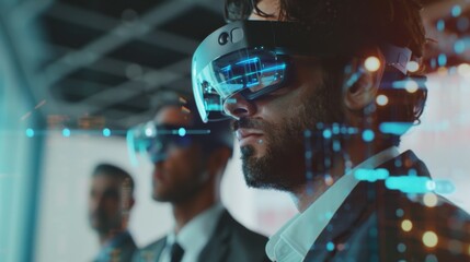 Business professionals wearing augmented reality headsets interacting with digital interfaces in a high-tech office environment.