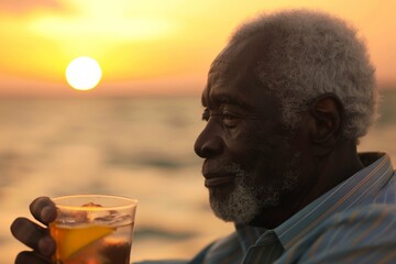 A senior man is enjoying a drink while gazing at the sunset over the sea, capturing a peaceful moment of contemplation and appreciation of natural beauty.