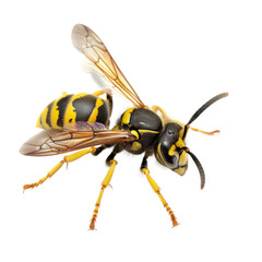 Full-sized wasp in sharp focus, with clear details of wings and body, isolated on a pure white background