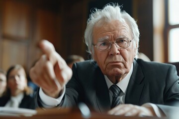 A striking image of a determined elderly man pointing assertively during a formal gathering, conveying a strong message and commanding presence in an official setting.