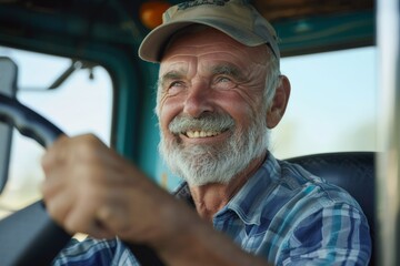 An elderly truck driver is behind the wheel, steering a vehicle inside a truck&rsquo;s cabin, showcasing a weathered and seasoned individual in a work environment.