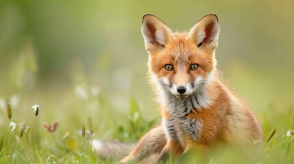 Young red fox on meadow in spring